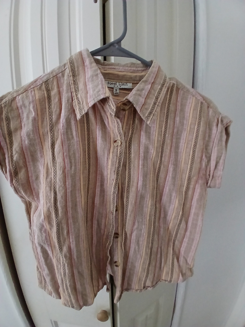 Striped Short-Sleeve Button-Up Shirt — Pink & Tan